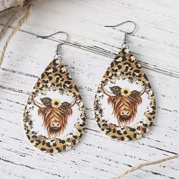 2 For $20 Ethnic Retro Leopard Bull Cow Faux Leather Drop Hook Earrings  New - Picture 3 of 4